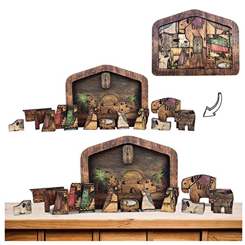 Nativity Puzzle with Wood Burned Design Wooden Jesus Puzzles Game for Adults and Kids Unique Shaped Pieces Gift Family Creative Game Toys Gift Challenging Educational Artwork Collection Puzzle