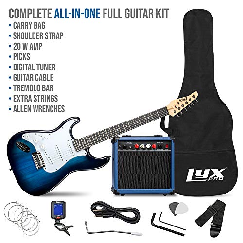 LyxPro 39 inch Electric Guitar Kit Bundle with 20w Amplifier, All Accessories, Digital Clip On Tuner, Six Strings, Two Picks, Tremolo Bar, Shoulder Strap, Case Bag Starter kit Full Size - Blue