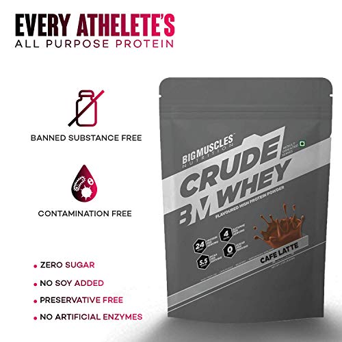 Bigmuscles Nutrition Crude Whey - 1 kg (Rich Chocolate), Whey Protein Concentrate 80%, 24g Protein, 5.5g BCAA, 4 g Glutamine