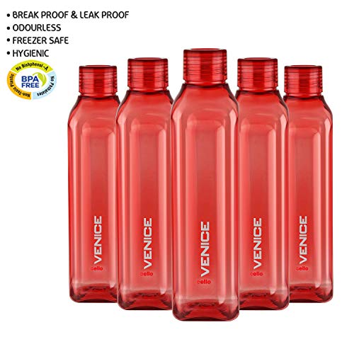 Cello Venice Plastic Bottle Set, 1 Litre, Set of 5, Assorted