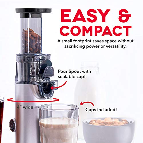 Dash DCSJ255 Deluxe Compact Power Slow Masticating Extractor Easy to Clean, Cold Press Juicer with Brush, Pulp Measuring Cup, Frozen Attachment and Juice Recipe Guide, Aqua