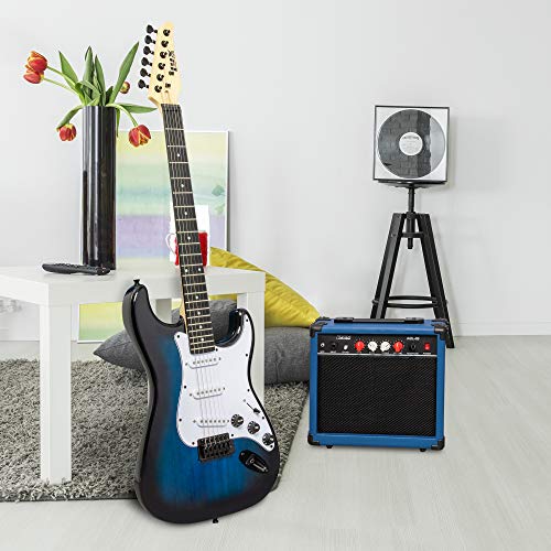 LyxPro 39 inch Electric Guitar Kit Bundle with 20w Amplifier, All Accessories, Digital Clip On Tuner, Six Strings, Two Picks, Tremolo Bar, Shoulder Strap, Case Bag Starter kit Full Size - Blue