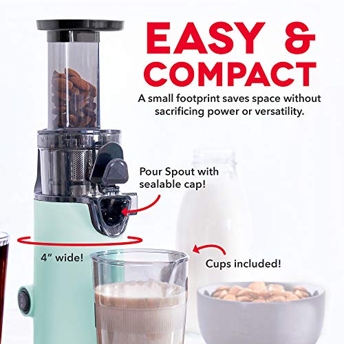 Dash DCSJ255 Deluxe Compact Power Slow Masticating Extractor Easy to Clean, Cold Press Juicer with Brush, Pulp Measuring Cup, Frozen Attachment and Juice Recipe Guide, Aqua