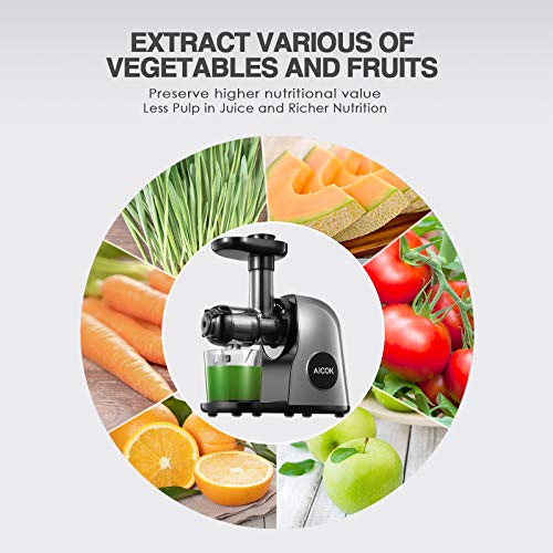 Juicer Machines, Aicok Slow Masticating Juicer Extractor Easy to Clean, Quiet Motor & Reverse Function, BPA-Free, Cold Press Juicer with Brush, Juice Recipes for Vegetables and Fruits, Classic Black