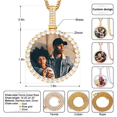 TUHE Personalized Picture/Photo Pendant Necklace Women Men Hip Hop Jewelry Heart-Shaped Custom Memory Medallion Necklace Gold Silver Rope Chain