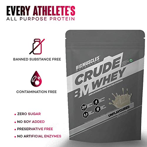 Bigmuscles Nutrition Crude Whey - 1 kg (Rich Chocolate), Whey Protein Concentrate 80%, 24g Protein, 5.5g BCAA, 4 g Glutamine