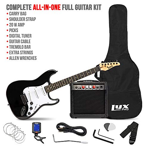 LyxPro 39 inch Electric Guitar Kit Bundle with 20w Amplifier, All Accessories, Digital Clip On Tuner, Six Strings, Two Picks, Tremolo Bar, Shoulder Strap, Case Bag Starter kit Full Size - Blue