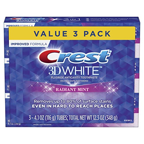 Crest 3D White Toothpaste Radiant Mint (3 Count of 4.1 oz Tubes), 12.3 oz (Packaging May Vary)