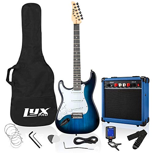 LyxPro 39 inch Electric Guitar Kit Bundle with 20w Amplifier, All Accessories, Digital Clip On Tuner, Six Strings, Two Picks, Tremolo Bar, Shoulder Strap, Case Bag Starter kit Full Size - Blue