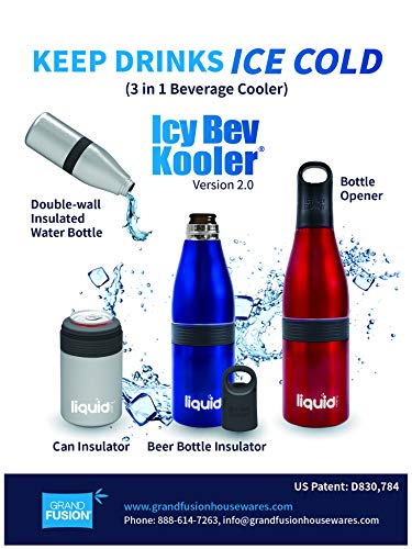 3 In 1 Insulated Stainless Steel Vacuum Sealed Icy Bev Bottle, Can and Water Cooler with Opener. Keep Standard and Skinny Aluminum Pop Tops or 12 Oz Glass Bottles Ice Cold For Hours Even In The Heat