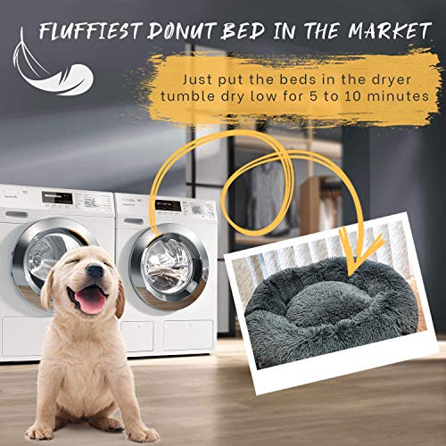 Alpha Paw Cozy Calming Dog Bed for Small Dogs, Anti Anxiety, Comfy, Fluffy, Ultra Soft, Round Pillow Donut Pet Bed for Dogs (Small 24", Beige)