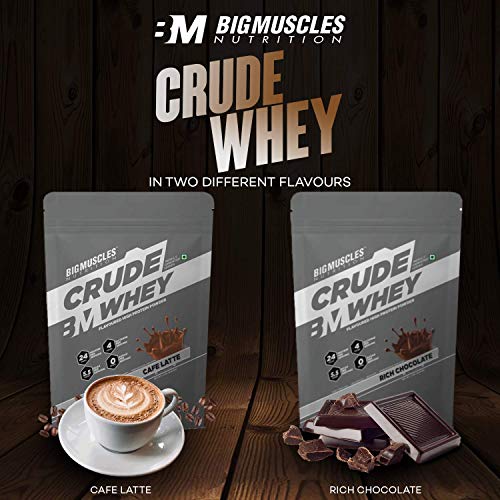 Bigmuscles Nutrition Crude Whey - 1 kg (Rich Chocolate), Whey Protein Concentrate 80%, 24g Protein, 5.5g BCAA, 4 g Glutamine