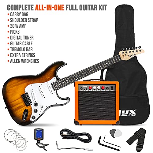 LyxPro 39 inch Electric Guitar Kit Bundle with 20w Amplifier, All Accessories, Digital Clip On Tuner, Six Strings, Two Picks, Tremolo Bar, Shoulder Strap, Case Bag Starter kit Full Size - Blue