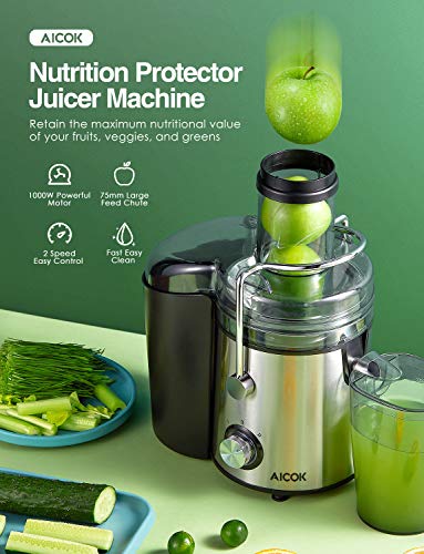 AICOK Juicer Extractor 1000W Centrifugal Juicer Machines Ultra Fast Extract Various Fruit and Vegetable Juice, 75MM Large Feed Chute Easy Clean Juicer with 2 Speed Control, BPA Free