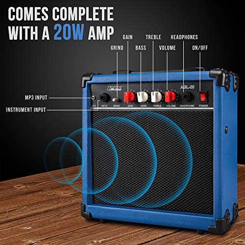 LyxPro 39 inch Electric Guitar Kit Bundle with 20w Amplifier, All Accessories, Digital Clip On Tuner, Six Strings, Two Picks, Tremolo Bar, Shoulder Strap, Case Bag Starter kit Full Size - Blue