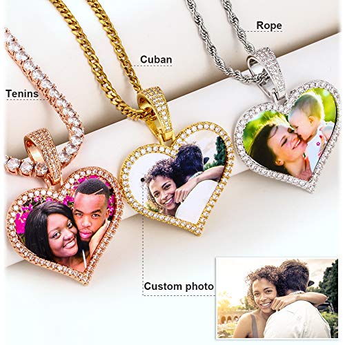 TUHE Personalized Picture/Photo Pendant Necklace Women Men Hip Hop Jewelry Heart-Shaped Custom Memory Medallion Necklace Gold Silver Rope Chain