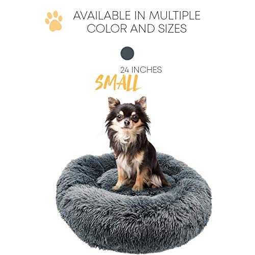 Alpha Paw Cozy Calming Dog Bed for Small Dogs, Anti Anxiety, Comfy, Fluffy, Ultra Soft, Round Pillow Donut Pet Bed for Dogs (Small 24", Beige)