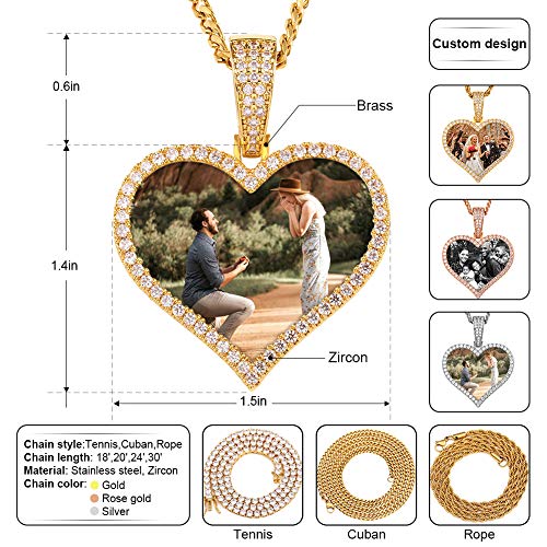 TUHE Personalized Picture/Photo Pendant Necklace Women Men Hip Hop Jewelry Heart-Shaped Custom Memory Medallion Necklace Gold Silver Rope Chain