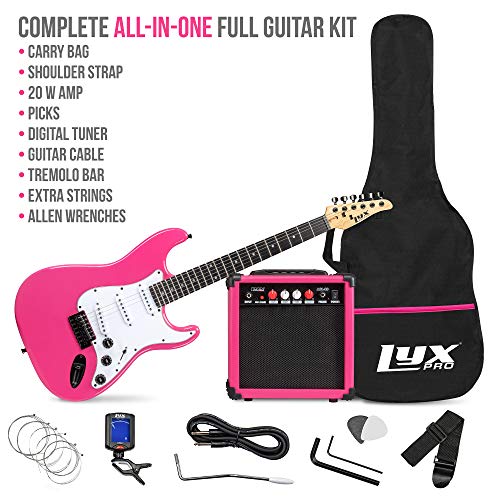 LyxPro 39 inch Electric Guitar Kit Bundle with 20w Amplifier, All Accessories, Digital Clip On Tuner, Six Strings, Two Picks, Tremolo Bar, Shoulder Strap, Case Bag Starter kit Full Size - Blue