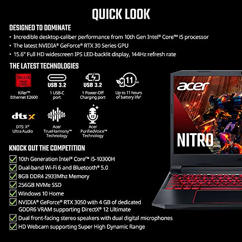 Acer Nitro 5 Gaming Laptop, 9th Gen Intel Core i5-9300H, NVIDIA GeForce GTX 1650, 15.6" Full HD IPS Display, 8GB DDR4, 256GB NVMe SSD, Wi-Fi 6, Backlit Keyboard, Alexa Built-in, AN515-54-5812