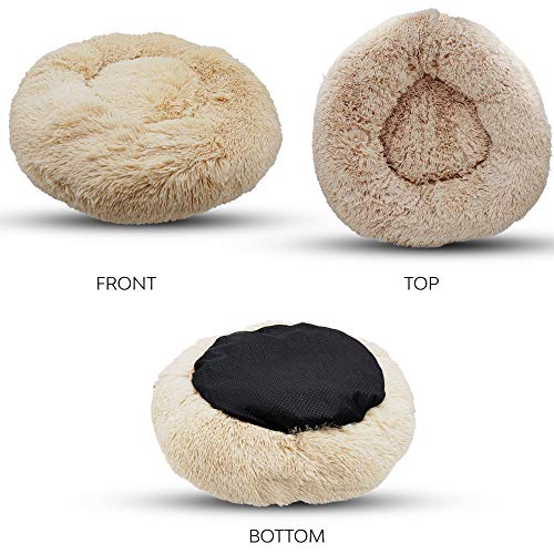 Alpha Paw Cozy Calming Dog Bed for Small Dogs, Anti Anxiety, Comfy, Fluffy, Ultra Soft, Round Pillow Donut Pet Bed for Dogs (Small 24", Beige)