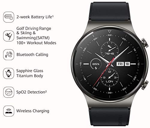 HUAWEI Watch GT 2 smart watch - 2-Week Battery , Bluetooth, Sport GPS, Fitness Workout Modes, spO2 Oxygen Saturation Detection, Heart Rate Tracker, Sleep Tracker, Water Resistant, 46mm strap