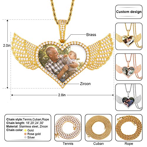 TUHE Personalized Picture/Photo Pendant Necklace Women Men Hip Hop Jewelry Heart-Shaped Custom Memory Medallion Necklace Gold Silver Rope Chain