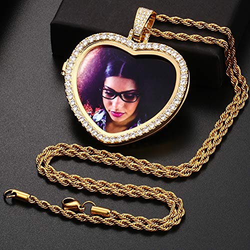 TUHE Personalized Picture/Photo Pendant Necklace Women Men Hip Hop Jewelry Heart-Shaped Custom Memory Medallion Necklace Gold Silver Rope Chain